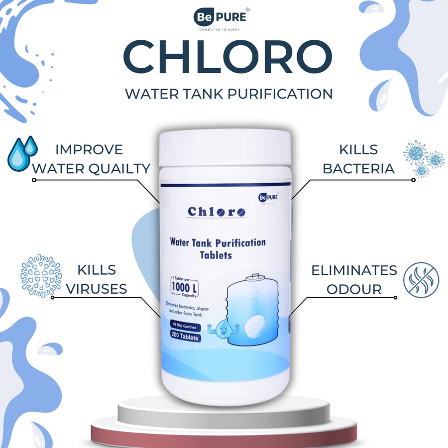 Bepure Chloro 1000 Water Purification Chlorine Tablets for Water Tank Pack of 200 Tablets US FDA Approved Eliminates Bacteria, Algae and Odor from Water Tank | 200 Tablets for 200000 litres